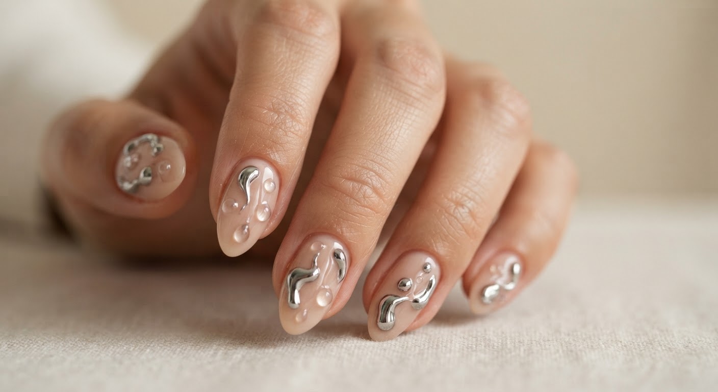 3D chrome nails with raised sculpted gel droplets coated in reflective silver chrome