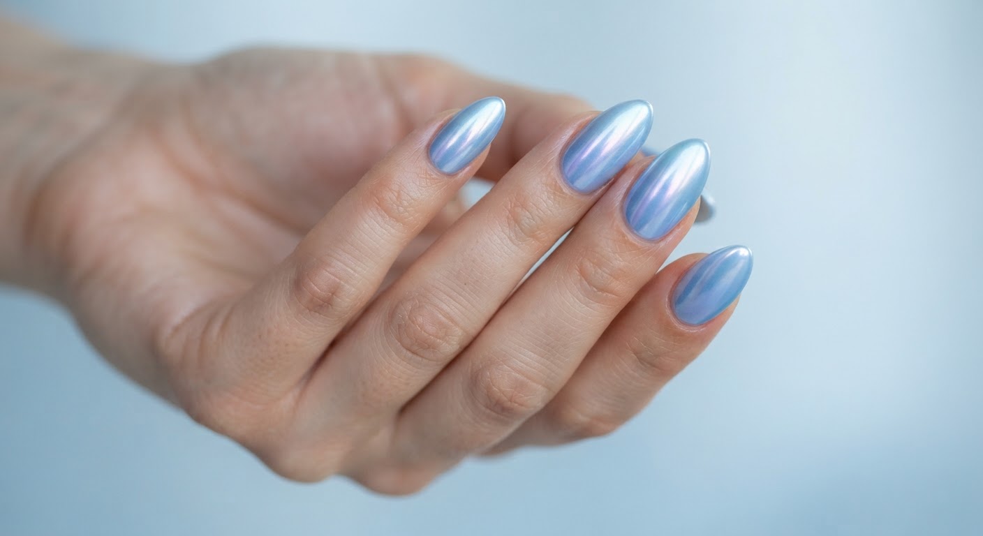 Iridescent aurora chrome nails shifting between icy blue, violet and pearl
