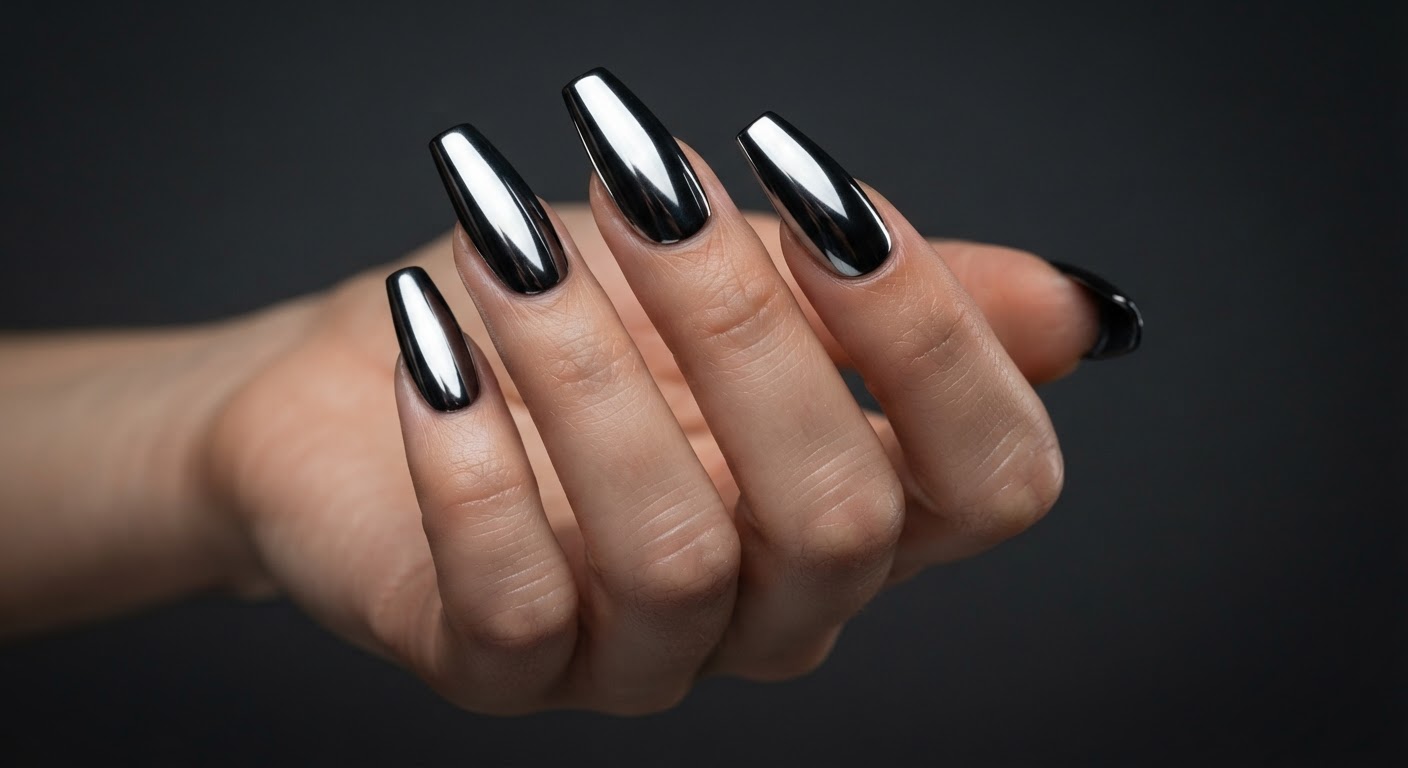 Black mirror chrome nails in a long coffin shape with a glossy silver reflective finish