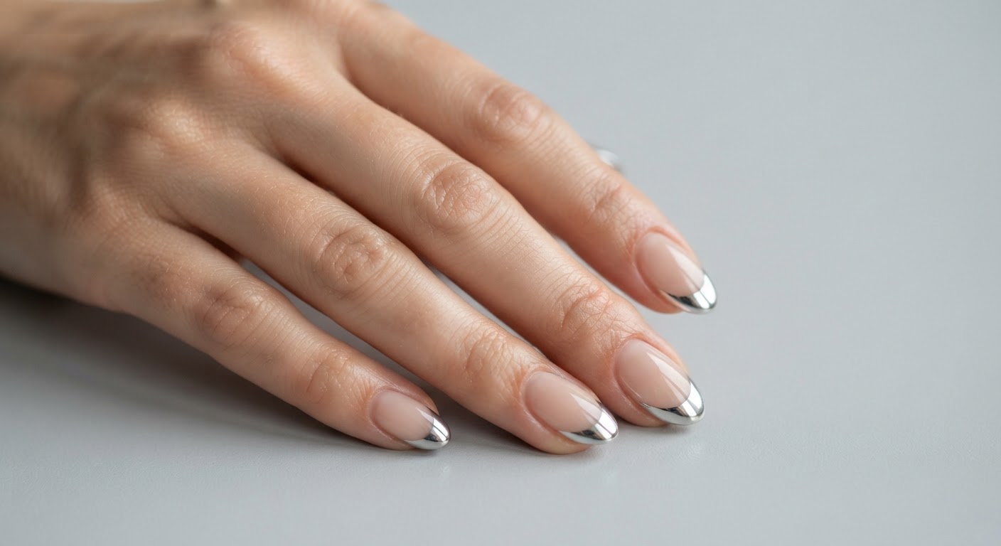 Chrome French tip nails with a sheer nude base and silver mirror chrome tips