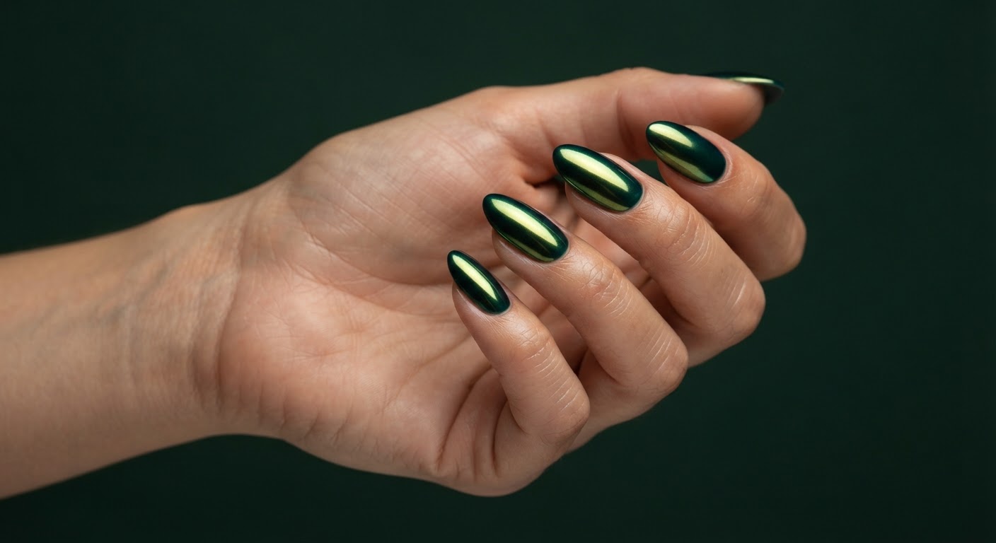 Emerald green chrome nails in a medium almond shape with a jewel-toned metallic finish