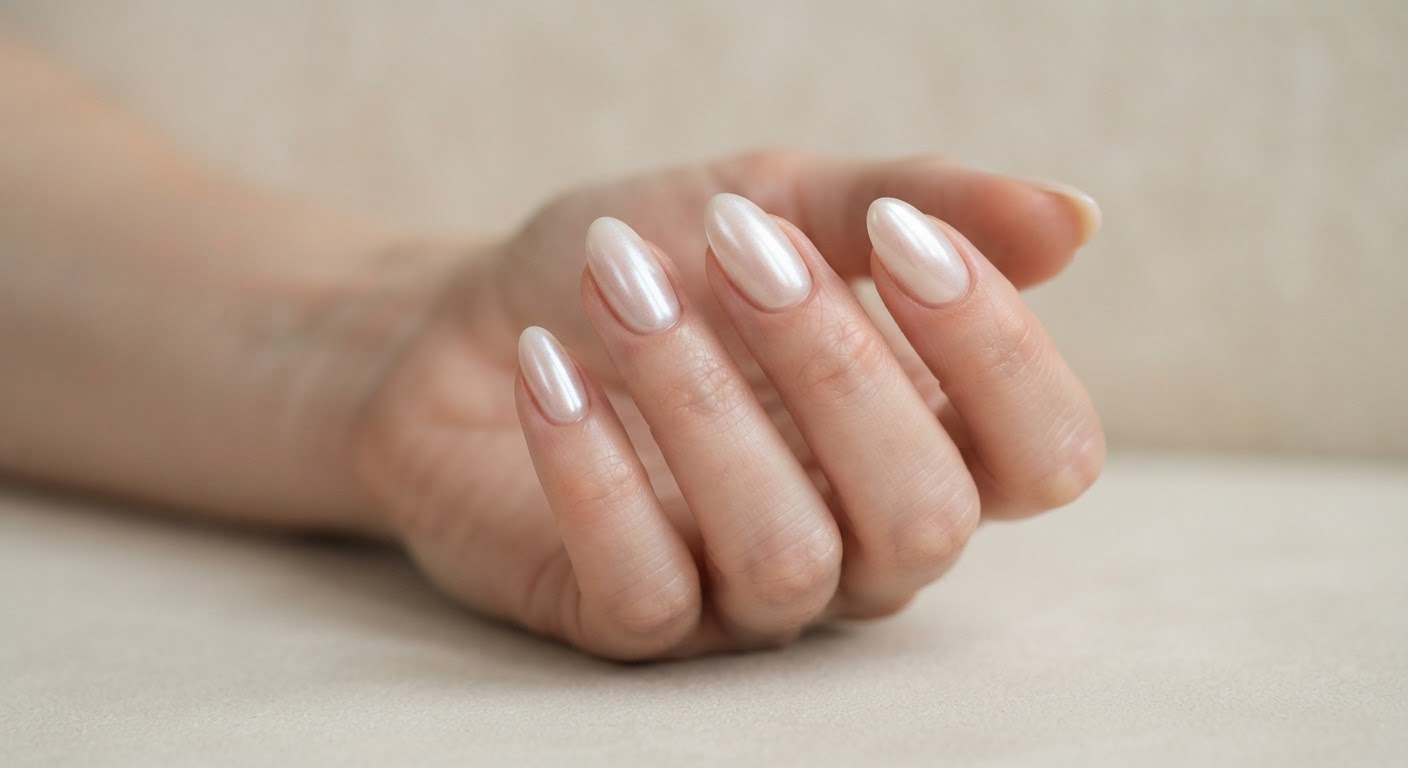 Glazed donut nails with a milky nude base and a pearly iridescent chrome glaze