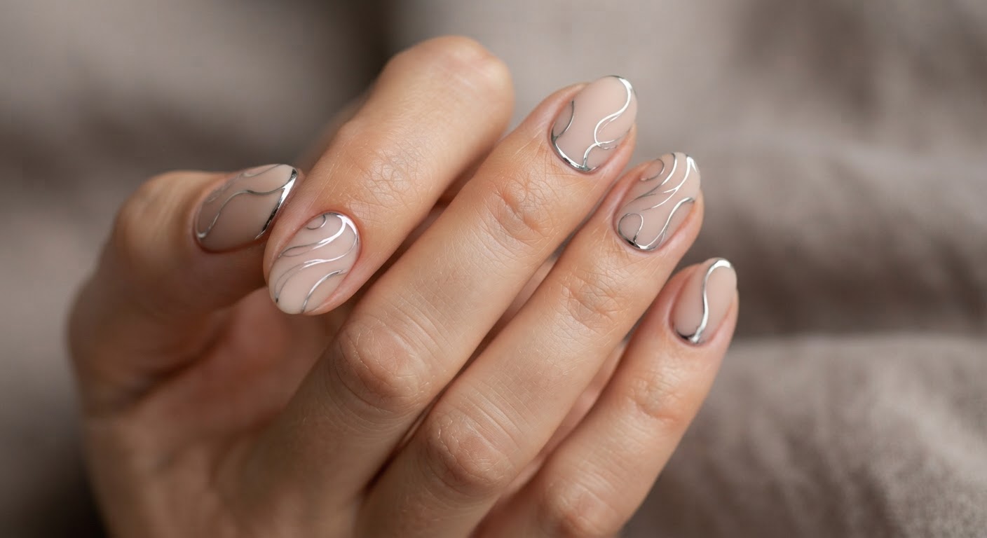 Isolated chrome nail art with thin silver chrome swirls and outlines over a matte nude base