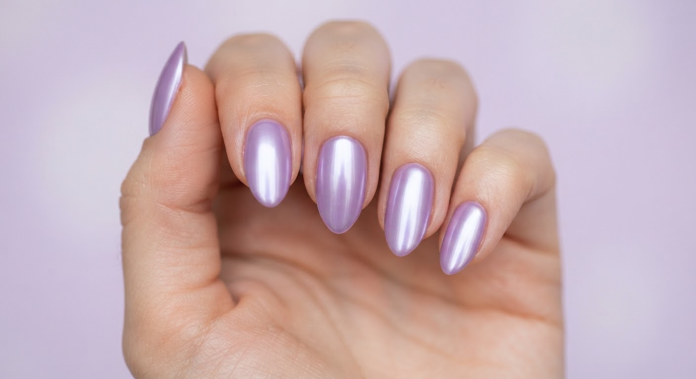 Lilac purple mirror chrome nails in a medium almond shape with a glossy metallic finish