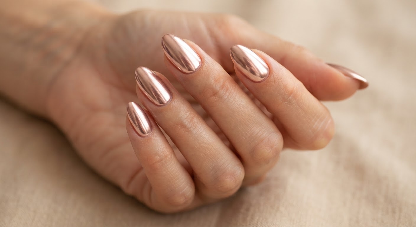 Rose gold mirror chrome nails in a medium almond shape with a warm metallic shine