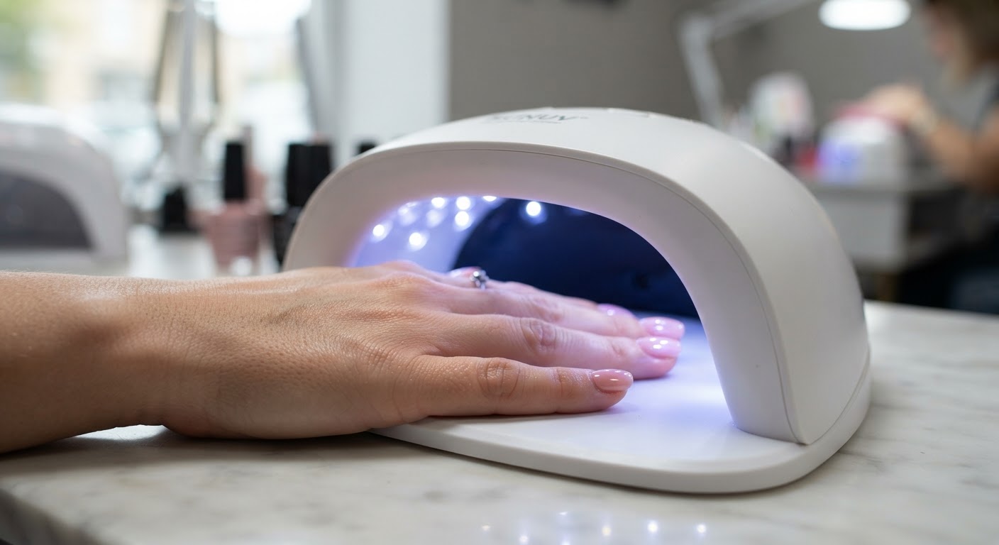 A hand with fresh chrome gel nails curing inside a white UV LED nail lamp