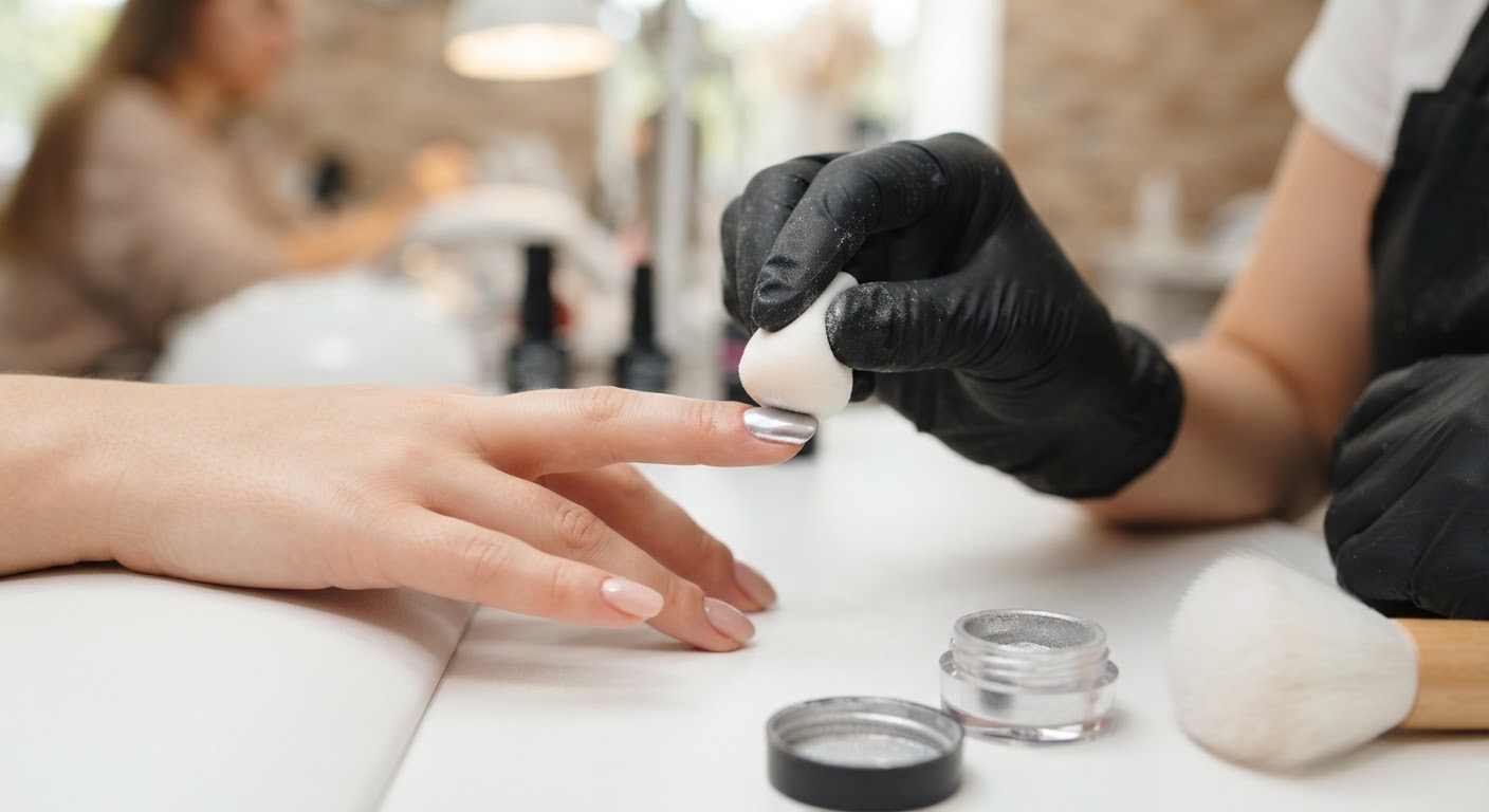 A nail technician rubbing silver chrome powder onto a glossy gel nail with a small silicone applicator