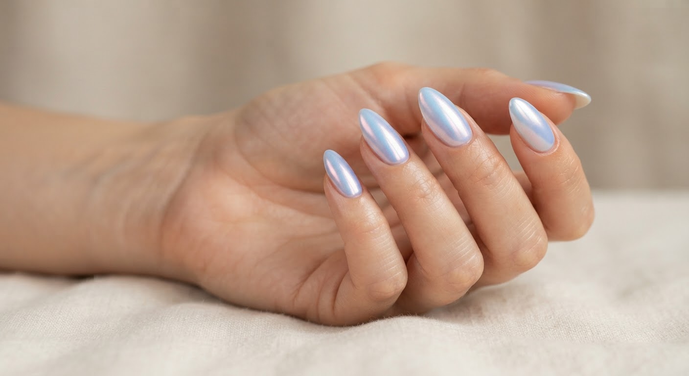 Iridescent aurora almond nails with soft blue, lilac and pink shimmer