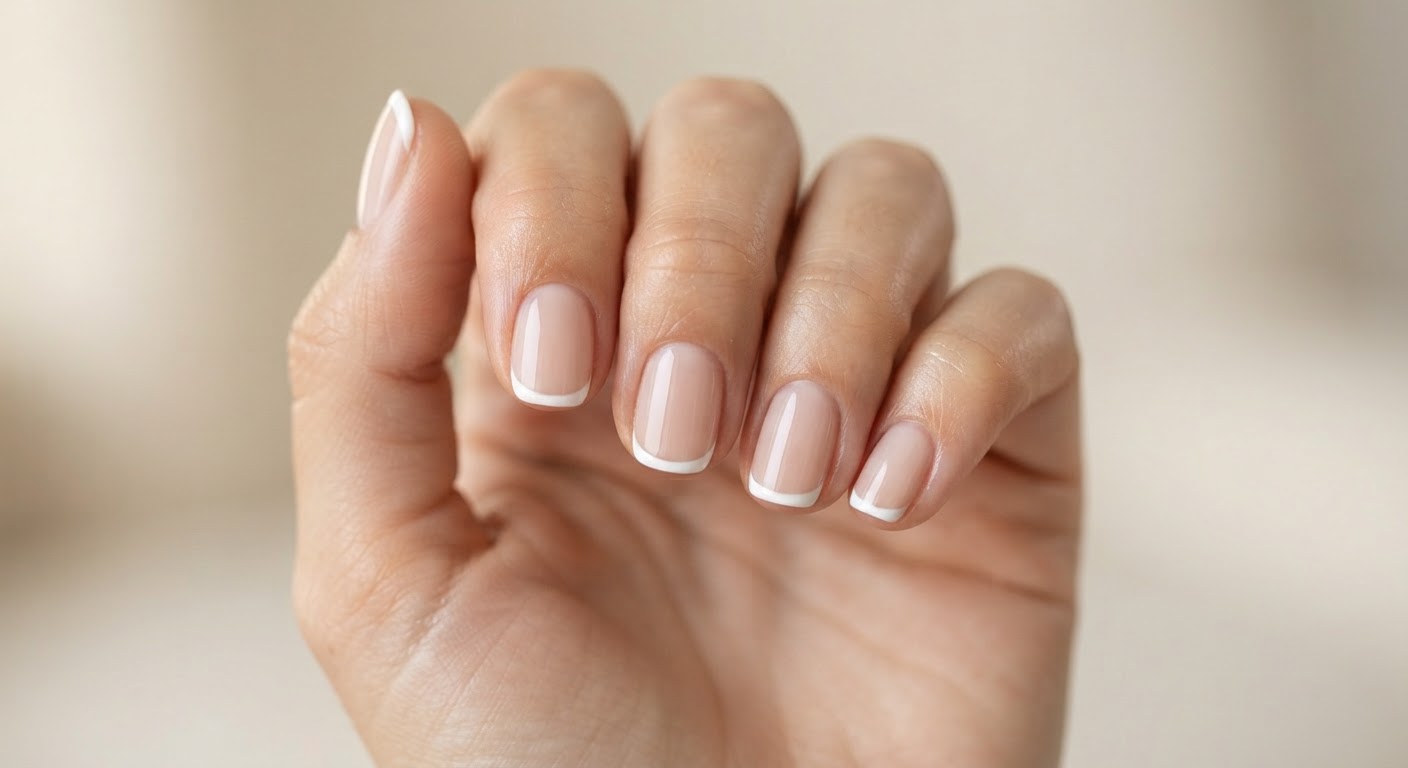 Sheer nude round nails with thin white baby French tips