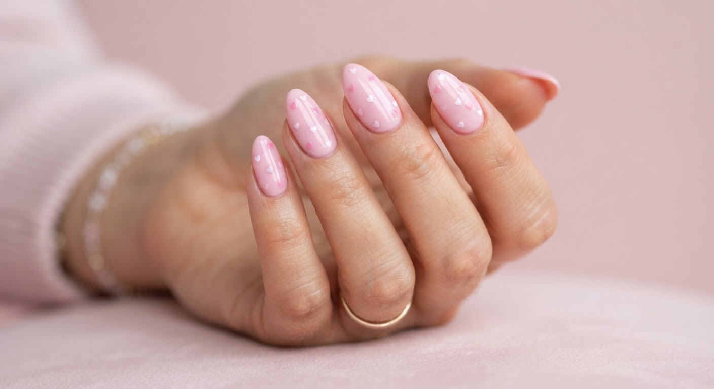 Glossy baby pink almond nails with tiny white and pink hearts