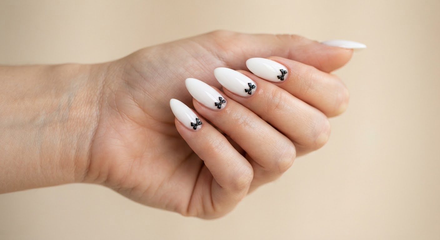 Classic white French almond nails with a small black bow at the base