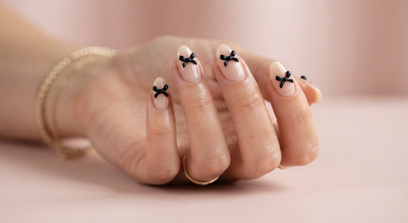 Sheer nude almond nails each decorated with a small black satin bow