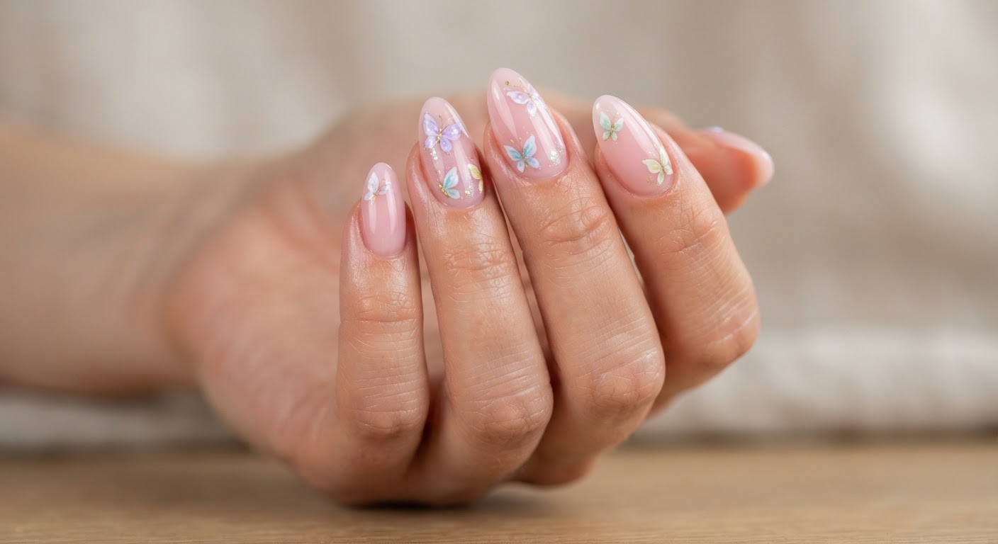 Glossy soft pink almond nails with pastel butterflies