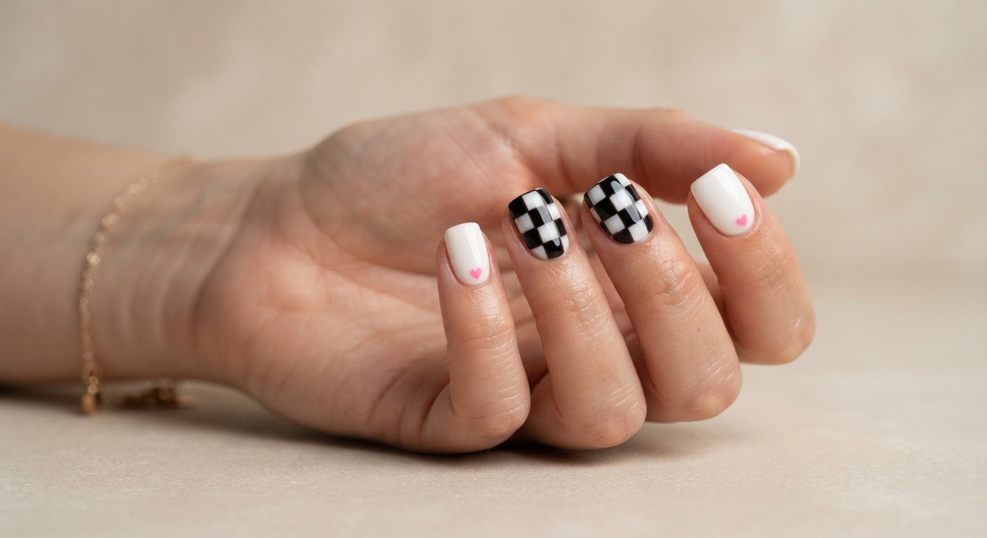 Short square nails alternating glossy white and black-and-white checkerboard with a tiny pink heart