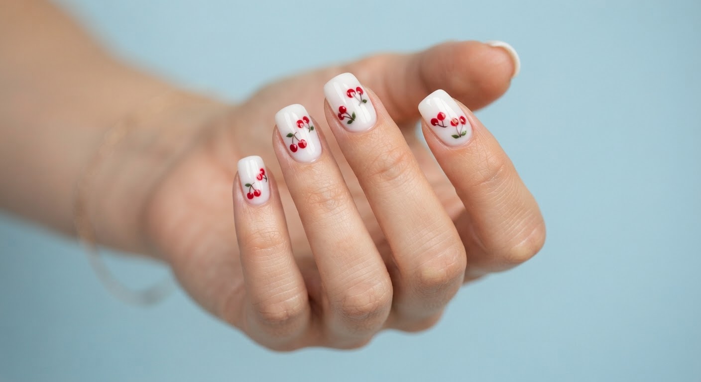 Glossy milky white squoval nails with red cherry nail art and green stems