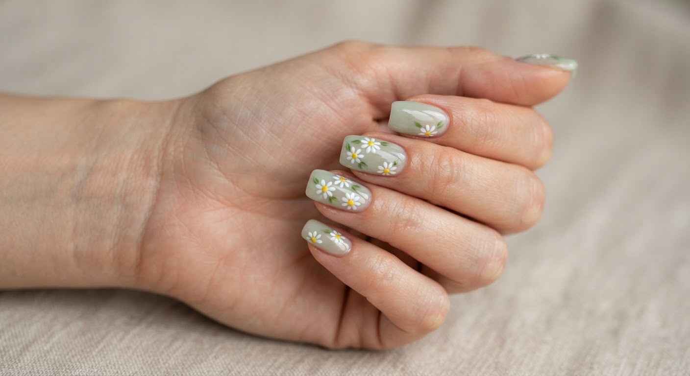 Sheer soft green squoval nails with white daisy flowers with yellow centers