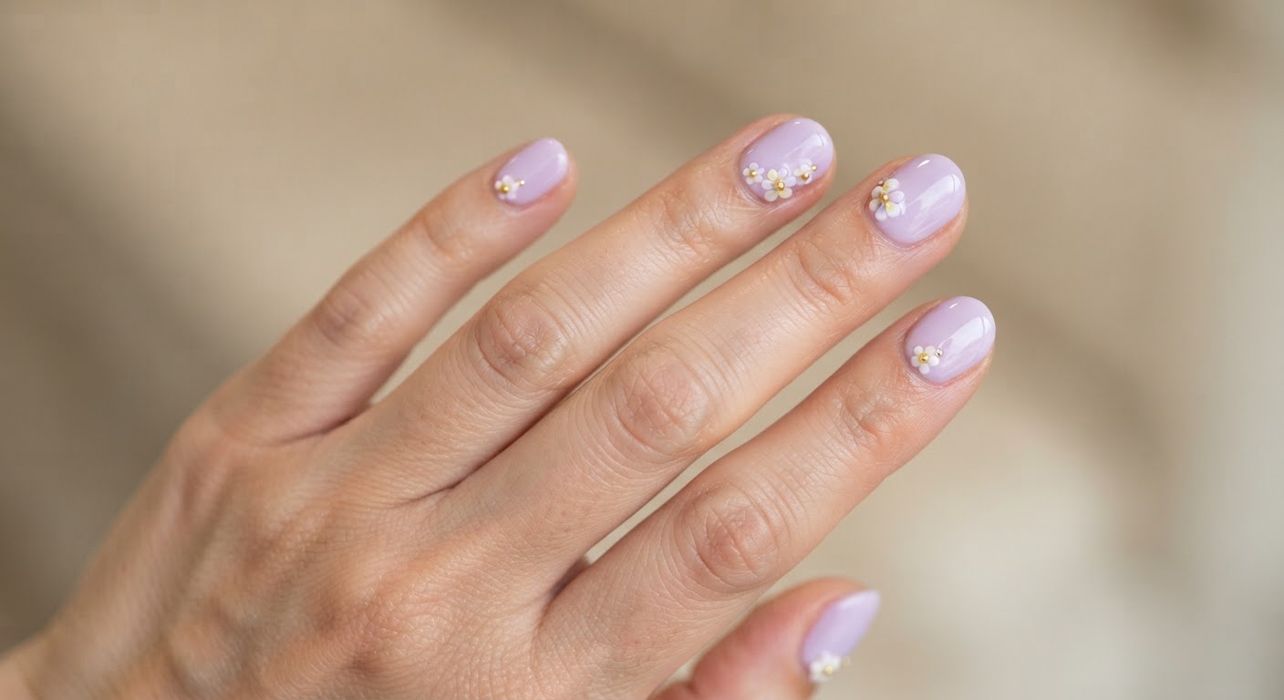 Pastel lavender round nails with tiny 3D flower charms