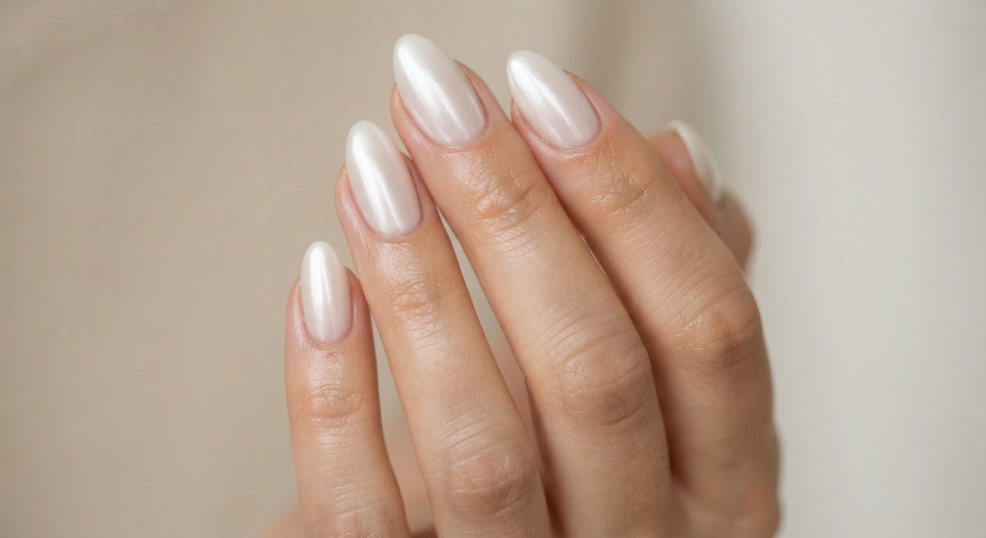 Pearl glazed-donut almond nails with a soft shimmery white finish