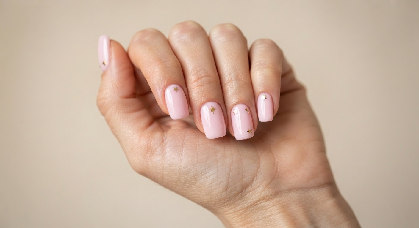 Baby pink squoval nails with small gold star accents