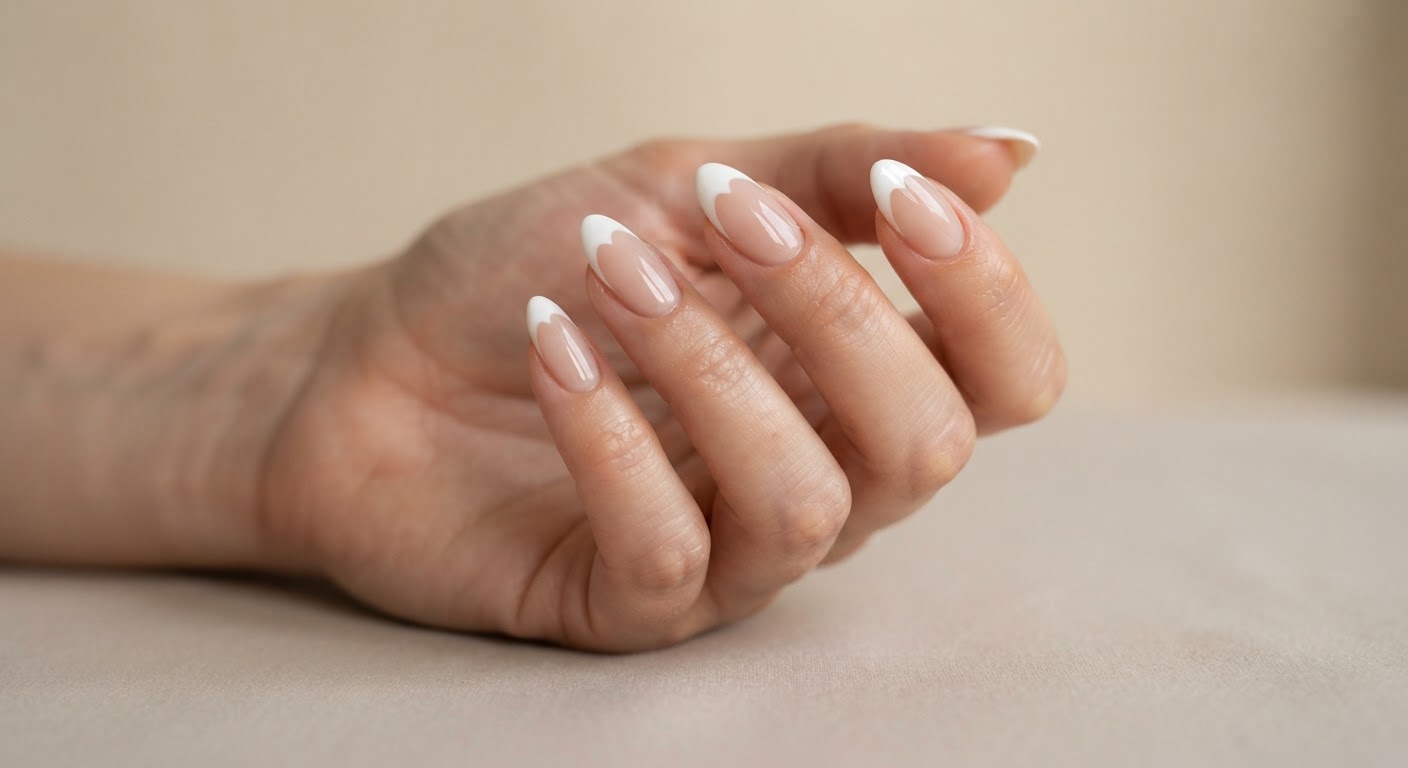 Sheer nude almond nails with white heart-shaped French tips