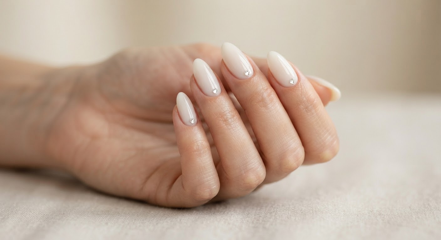 Milky cream almond nails with tiny heart rhinestone accents