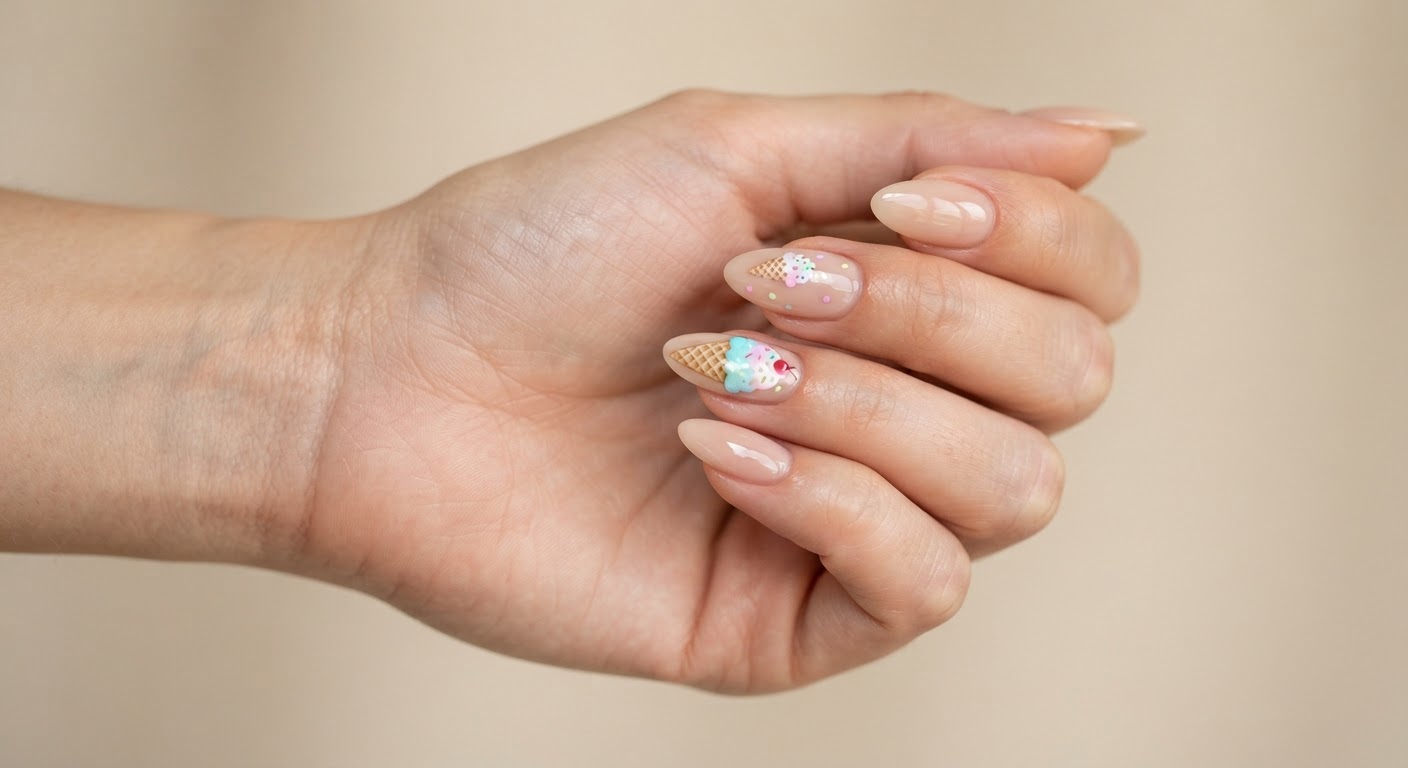 Sheer nude almond nails with cute pastel ice cream cone nail art