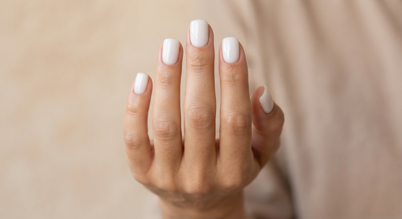 Opaque milky white glossy finish on short squoval nails