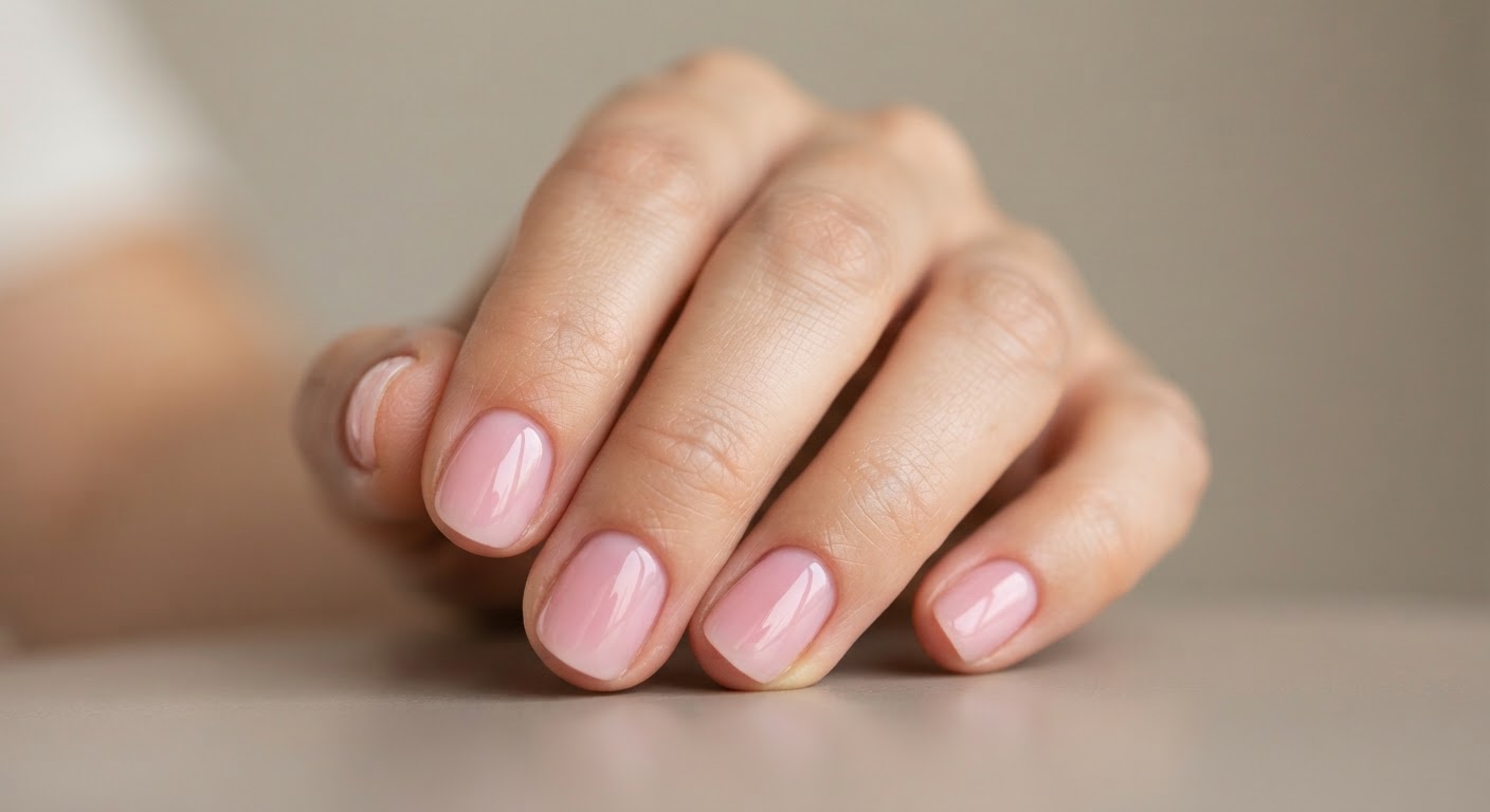 Translucent pastel pink jelly finish on short round nails