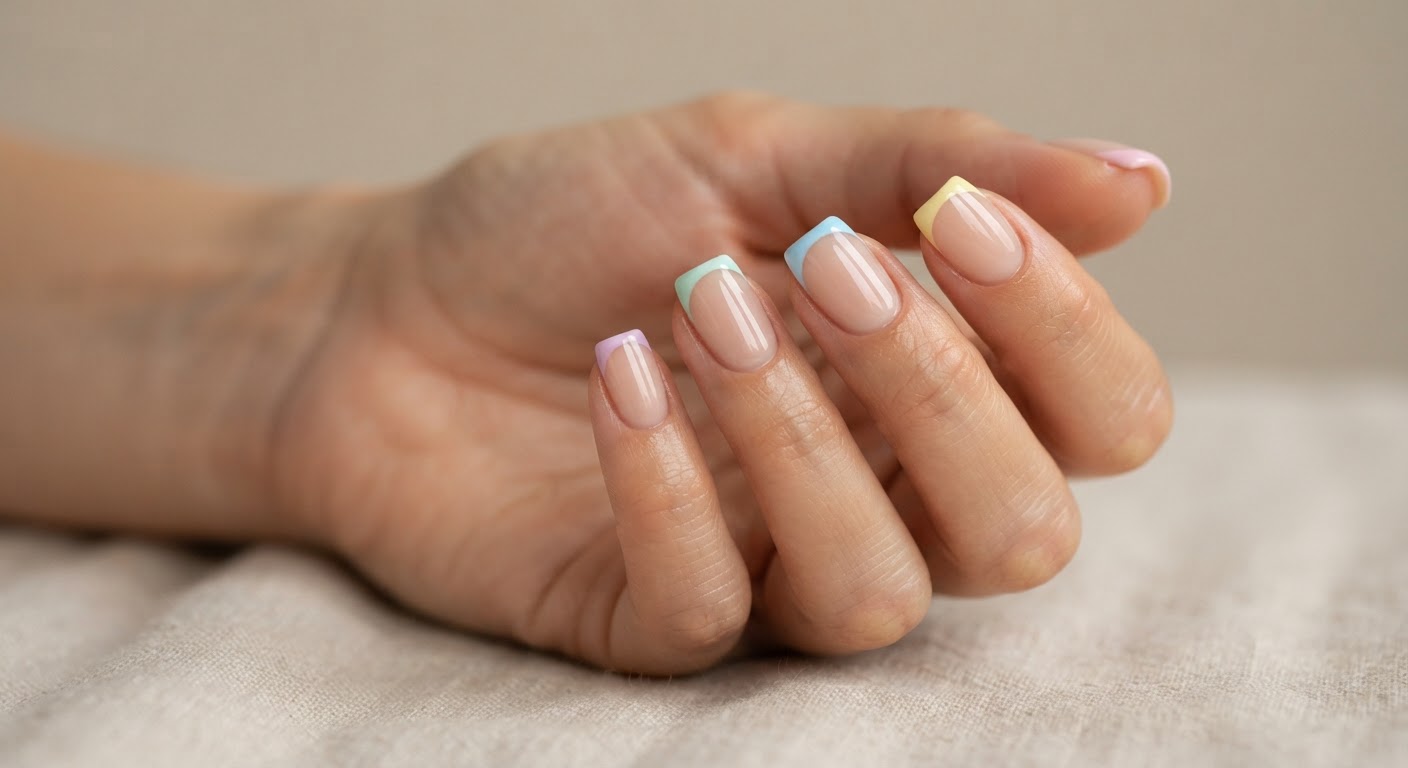 Sheer nude squoval nails with thin pastel micro-French tips in pink, lilac, mint, sky and lemon