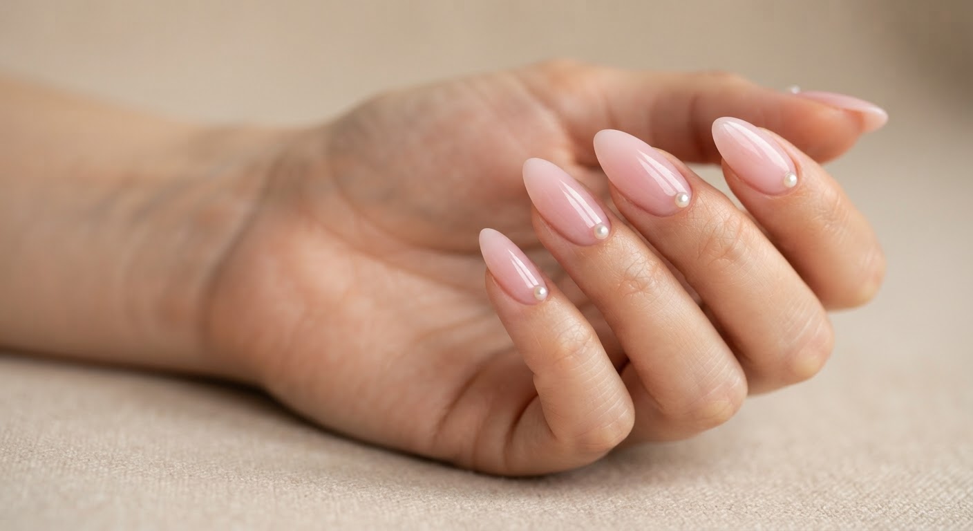 Soft pink almond nails with small pearl charms near the cuticle