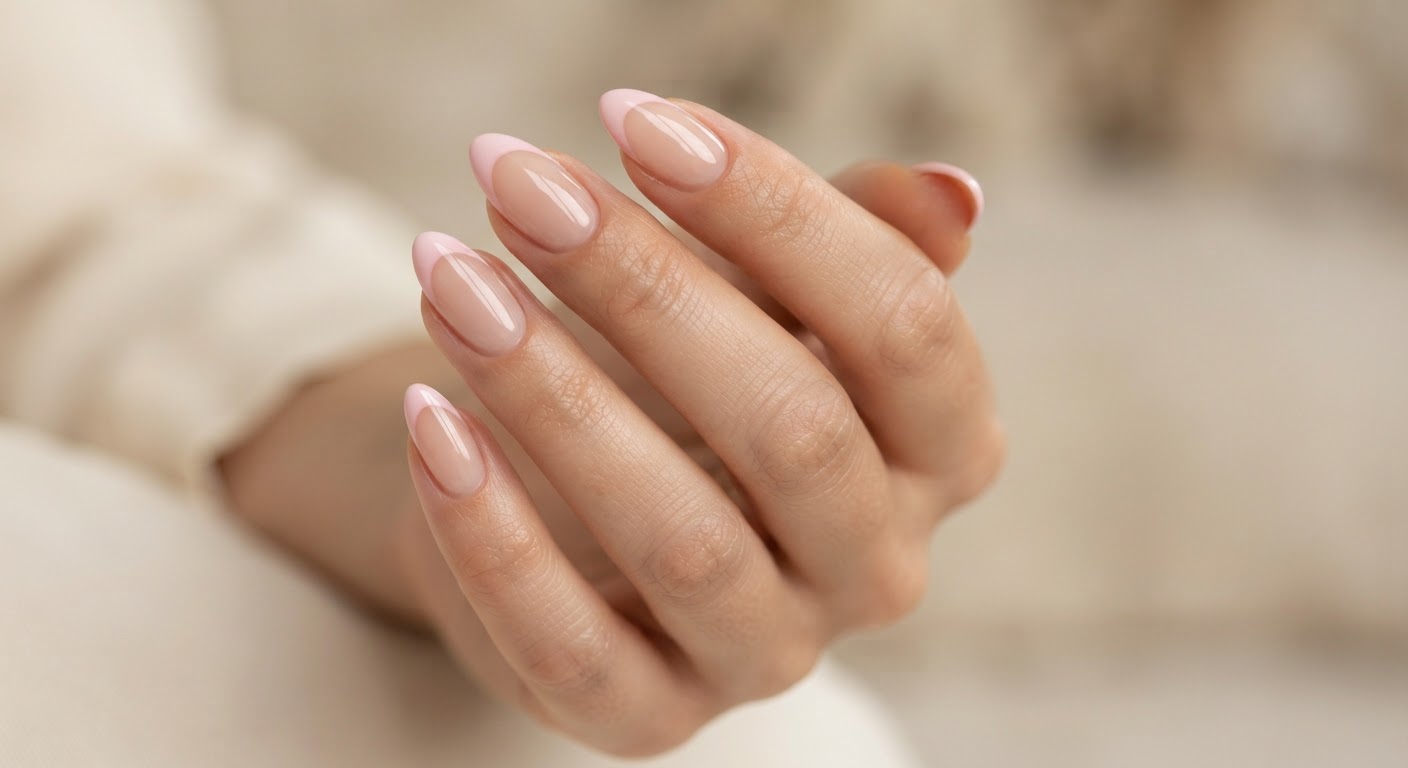 Sheer nude almond nails with soft pink French tips