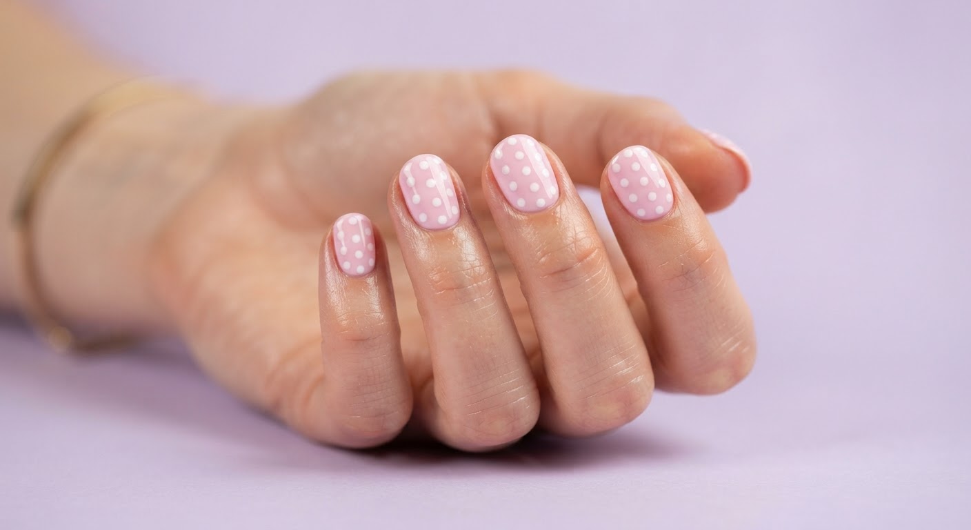 Soft pastel pink round nails with glossy white polka dots