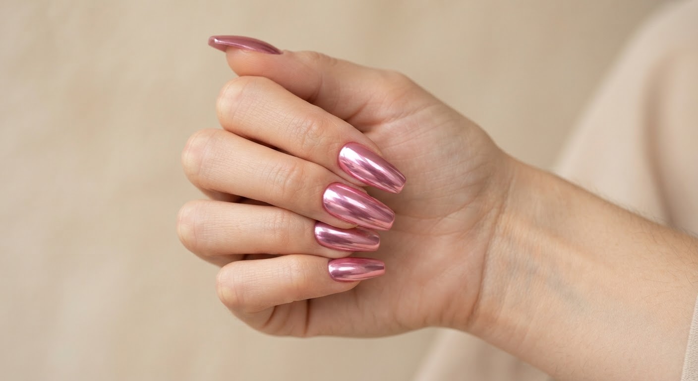 Mirror rose-pink chrome finish on long coffin nails