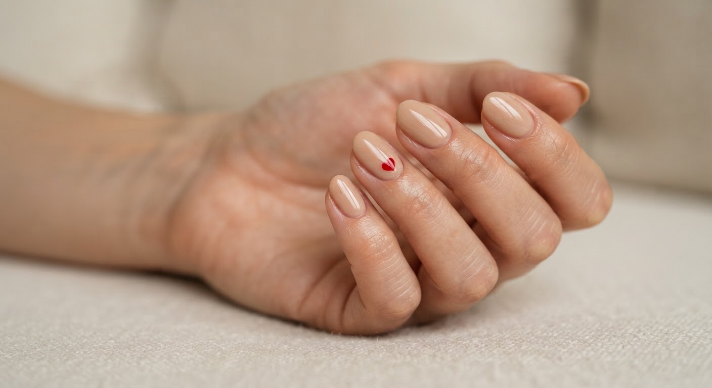 Short nude almond nails with one tiny red heart accent