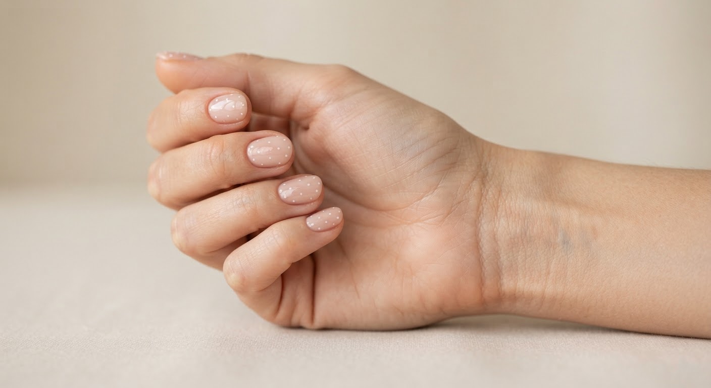 Short natural round nails with tiny white dots