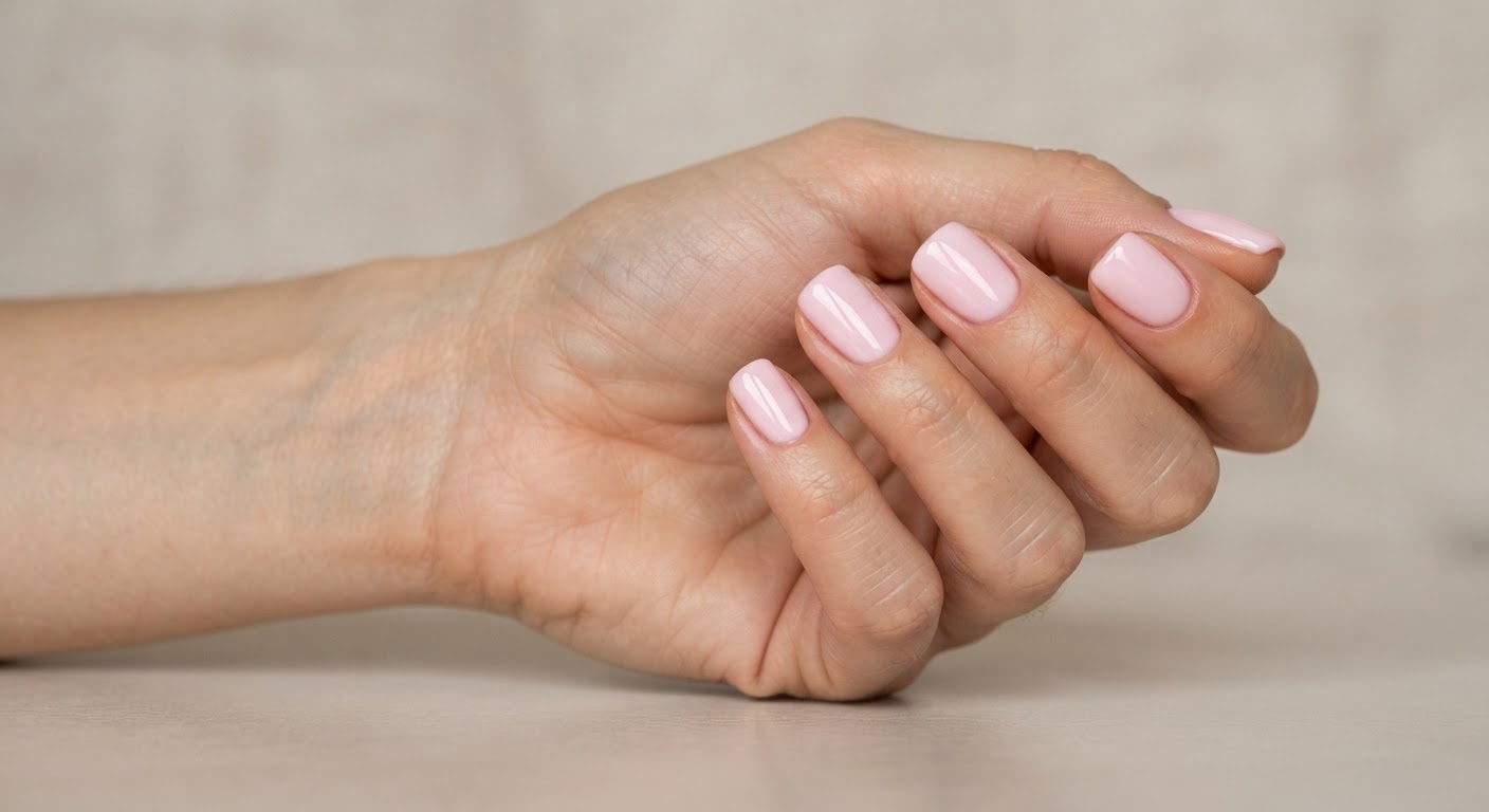 Short squoval nails in ultra-glossy baby pink