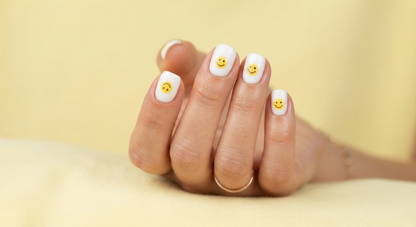 Glossy white squoval nails with cute yellow smiley faces