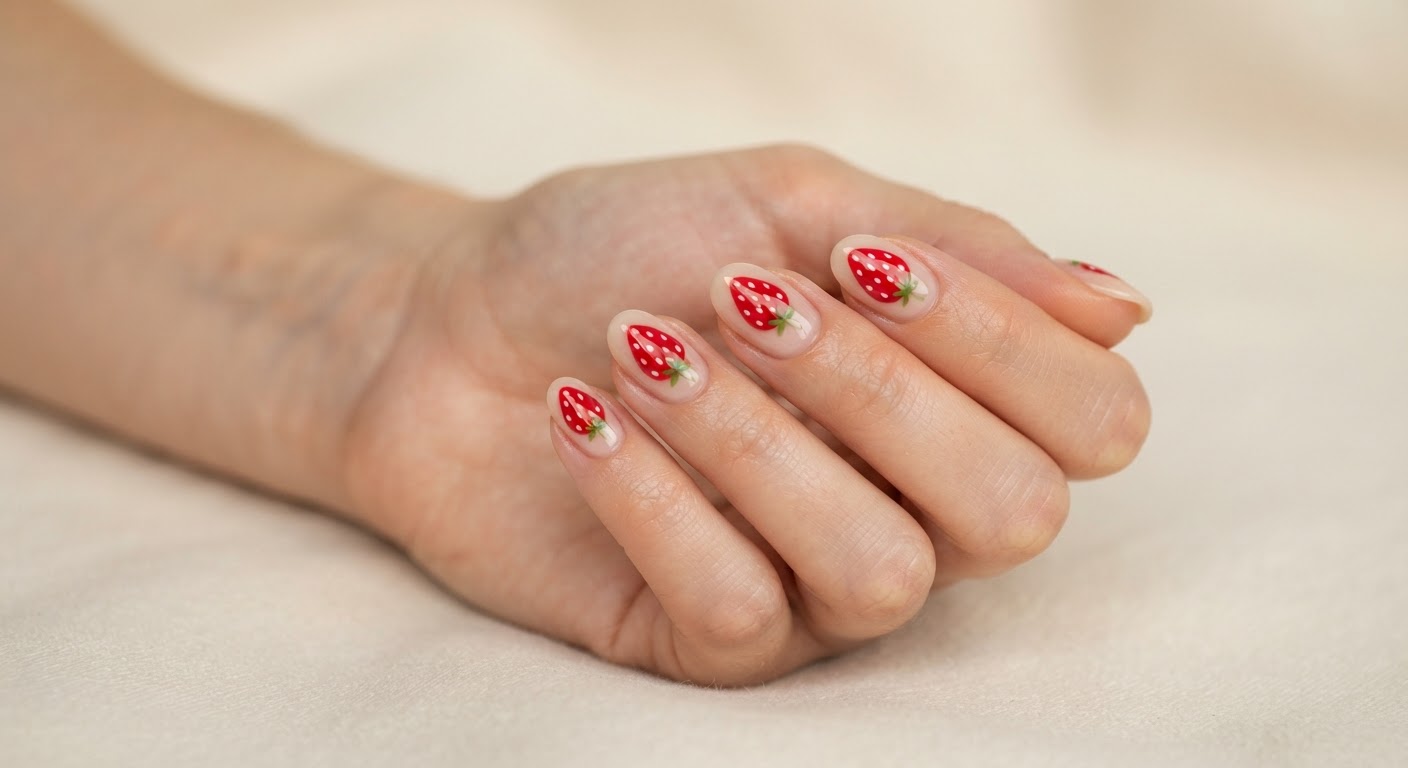 Sheer nude short almond nails with glossy red strawberry nail art and green leaves