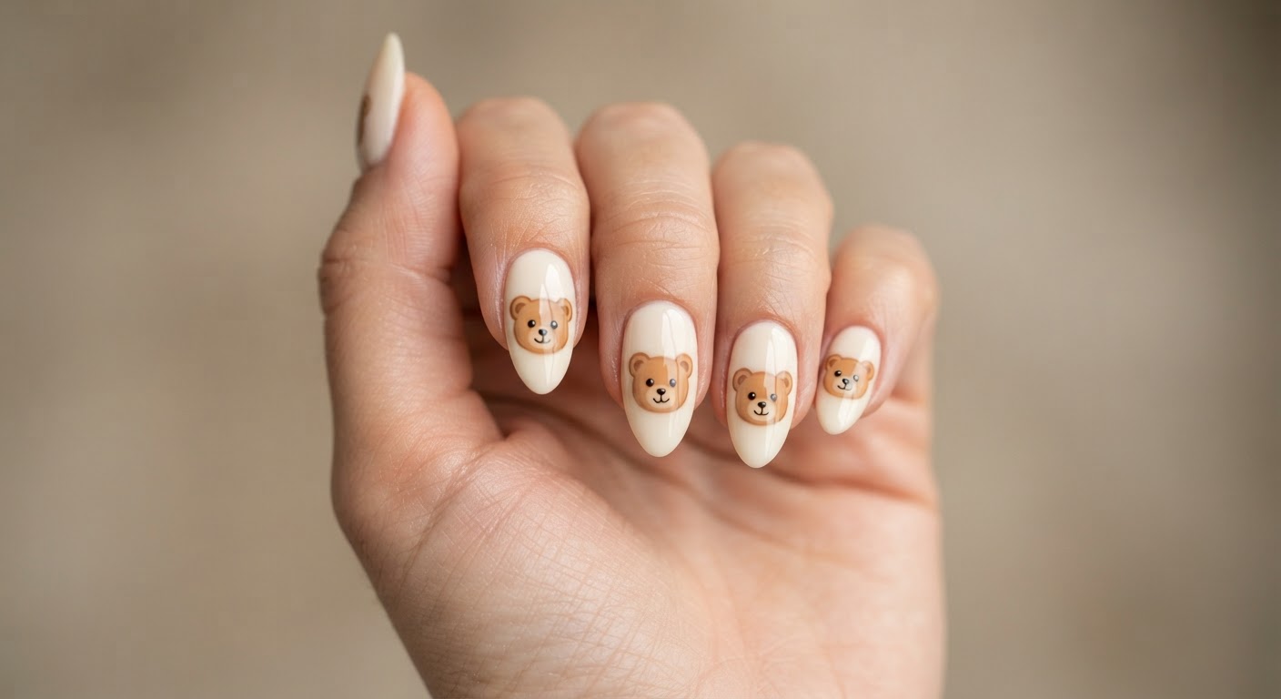 Cream almond nails with cute tan teddy bear faces