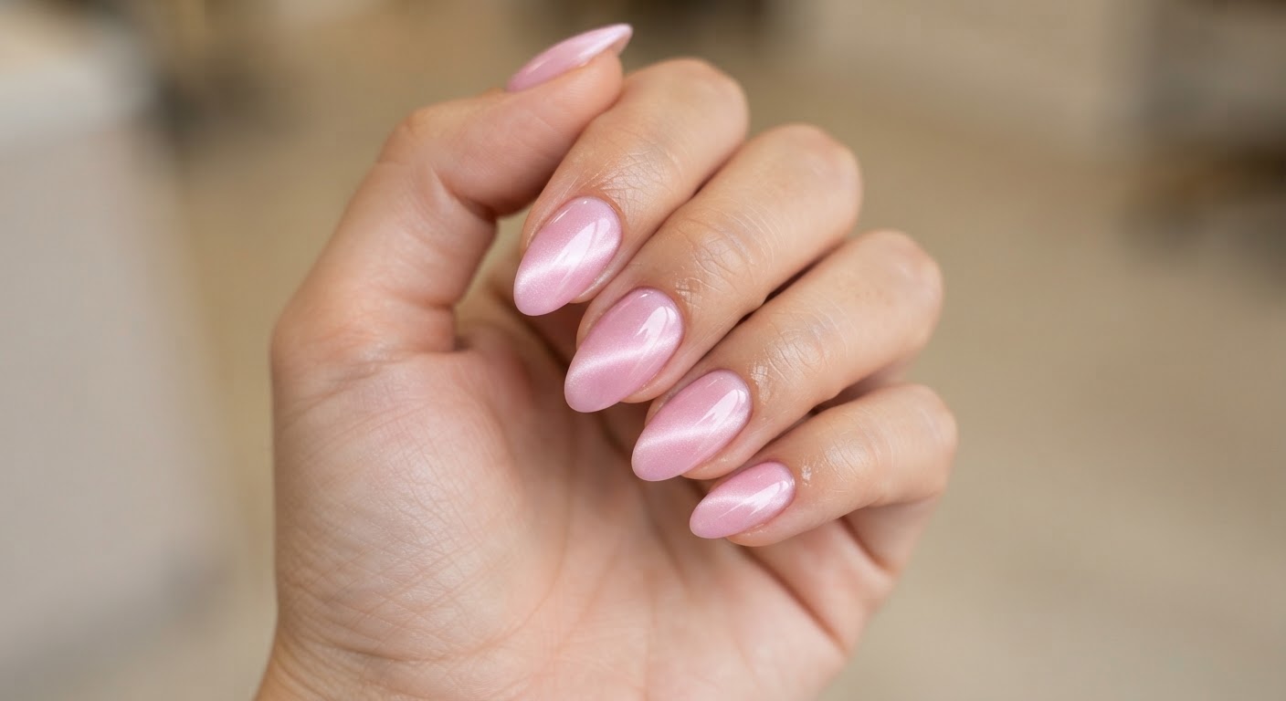 Pastel pink velvet cat-eye almond nails with a soft magnetic beam