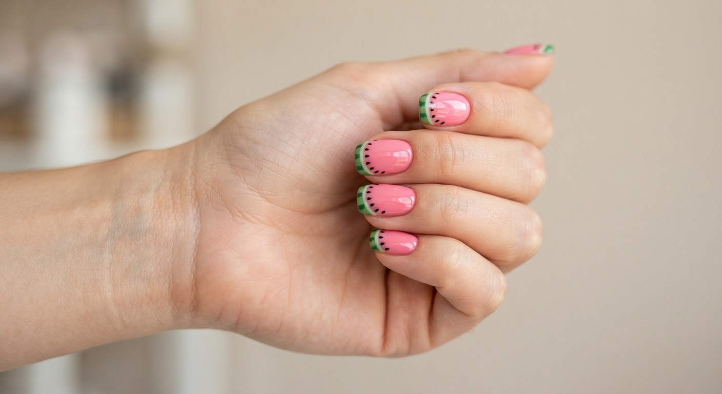 Glossy pink round nails with green watermelon rind tips and seeds