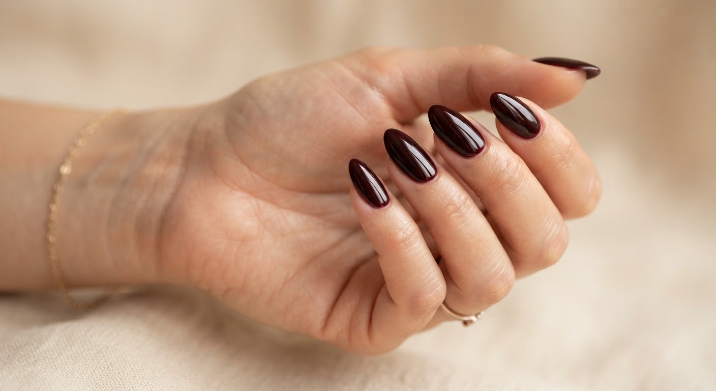 Five glossy black-cherry burgundy nails