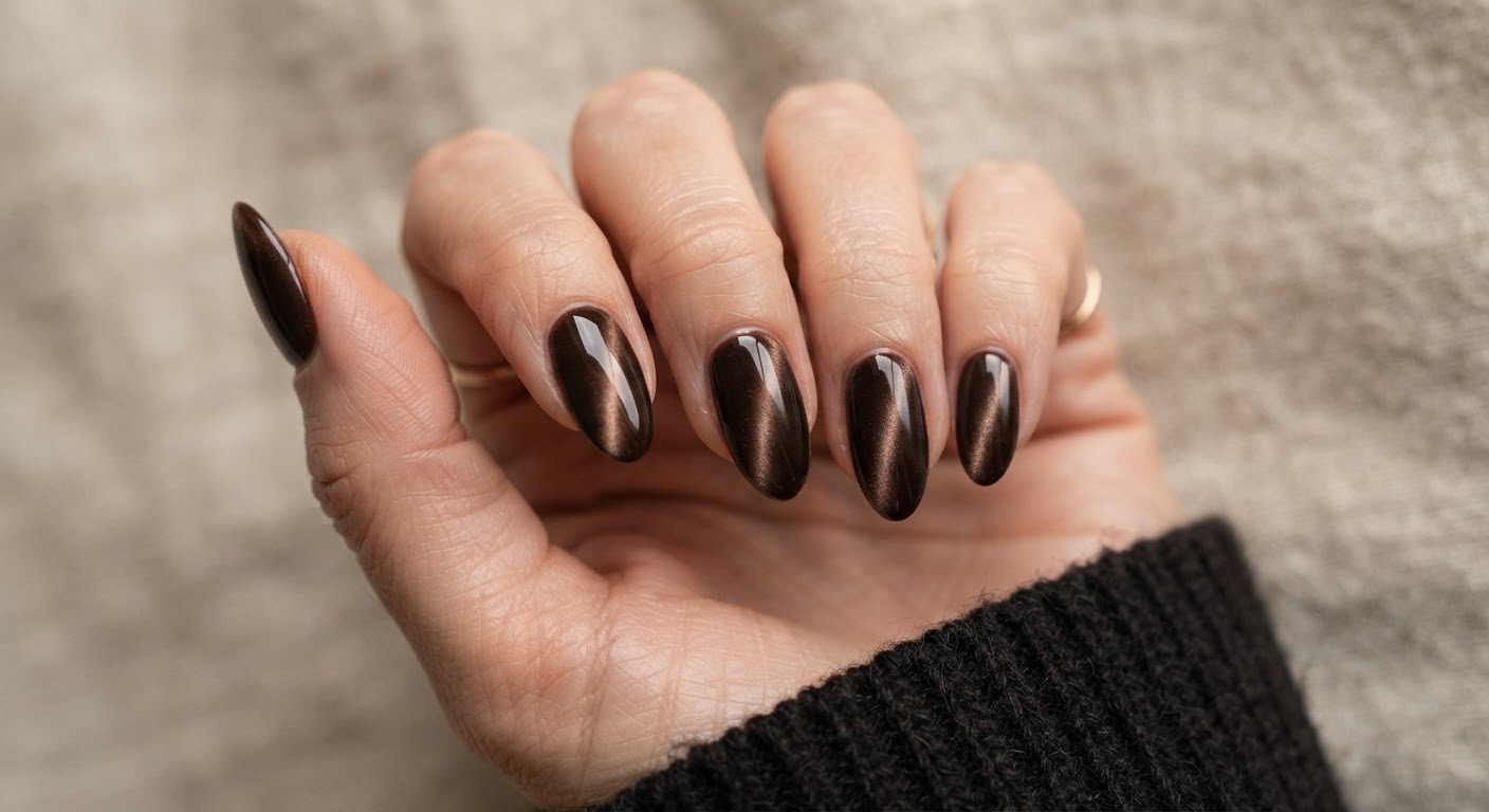 Moody brown velvet cat-eye nails with a magnetic beam of light