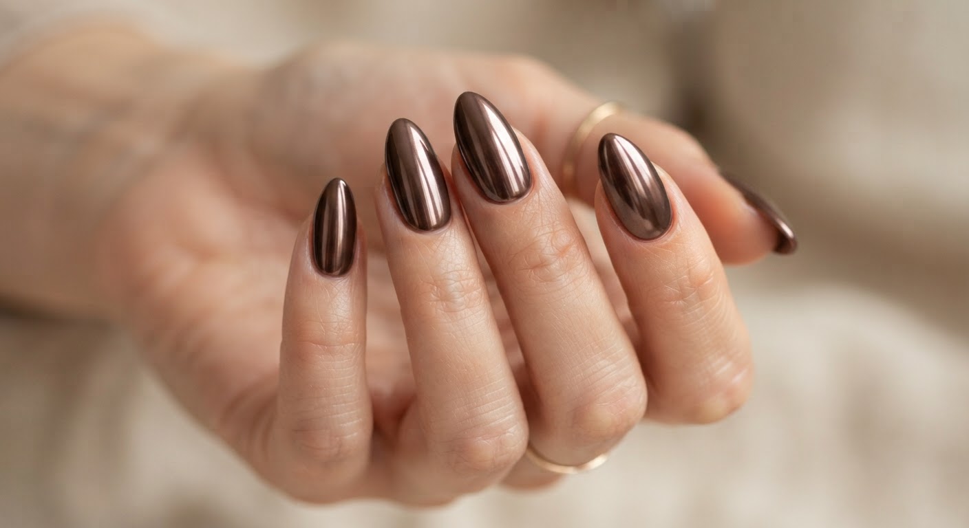 Five almond nails with a chocolate-brown chrome metallic finish