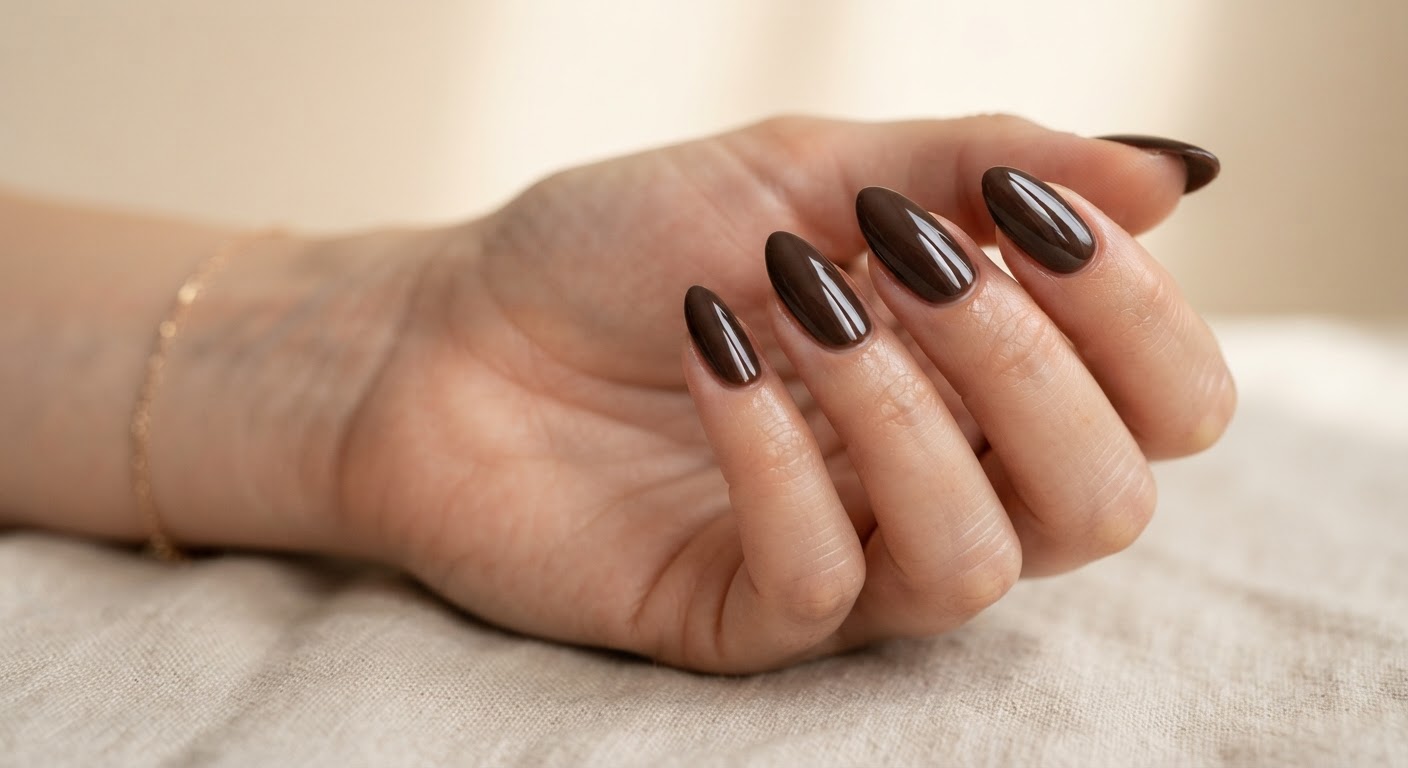 Five high-gloss espresso brown almond nails with a polished shine
