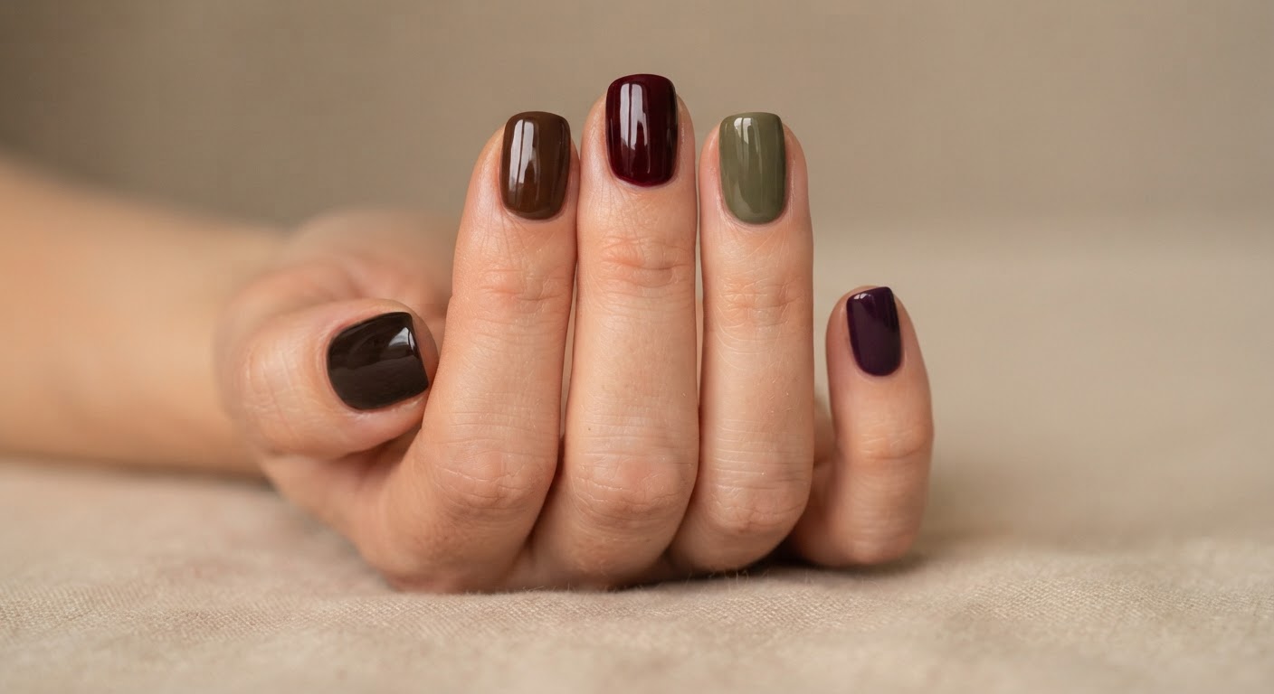 Fall 2026 nail color palette with espresso, chocolate chrome, black-cherry burgundy, olive, plum, rust, latte and mocha-mousse shades