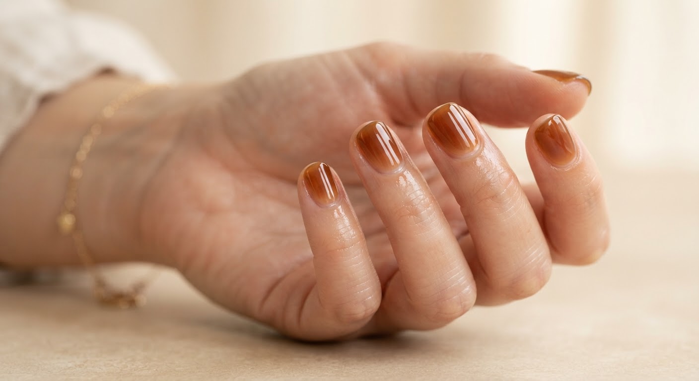 Short natural nails with a translucent smoked-cola jelly finish
