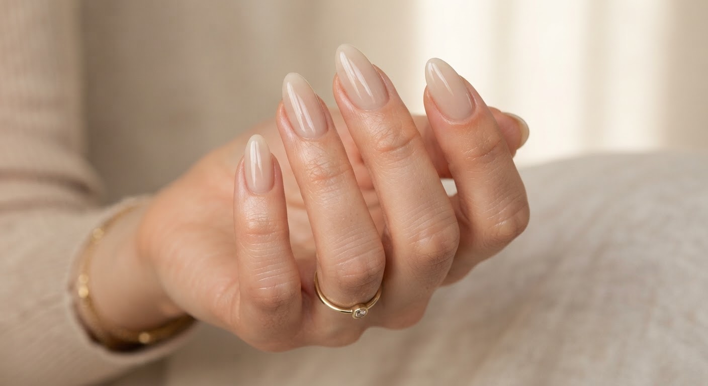 Five sheer latte-colored nails with a glossy natural finish