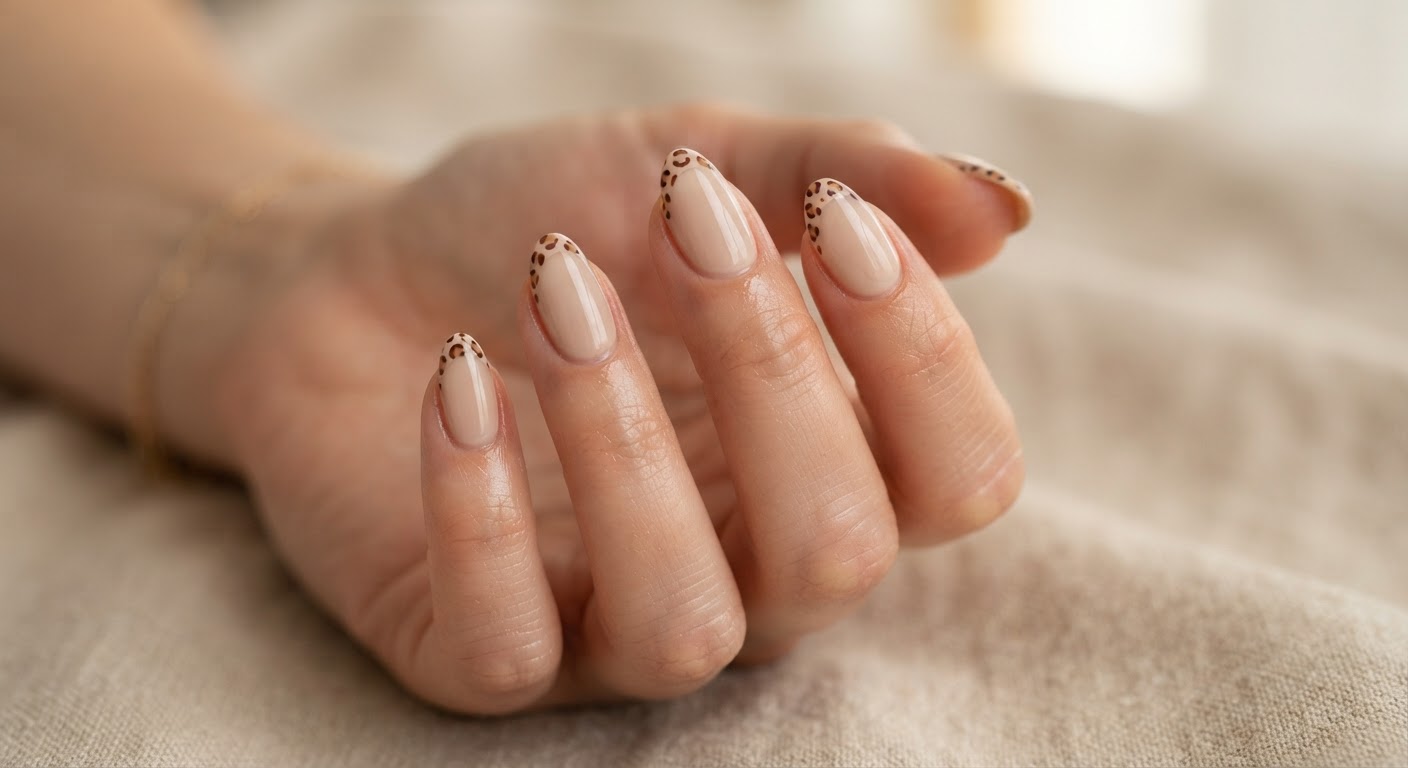 Minimalist leopard-print tips in chocolate and camel tones on a neutral base