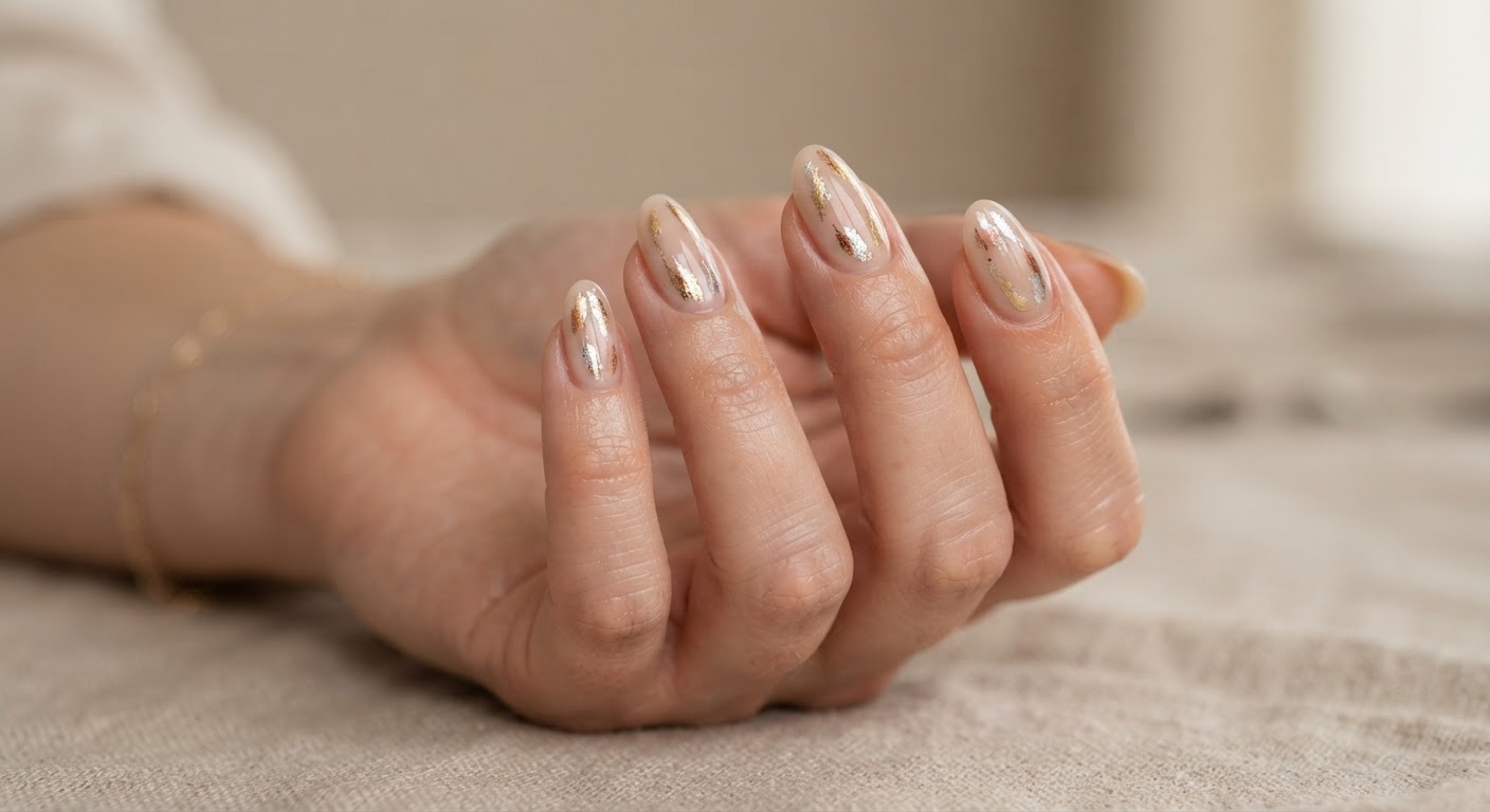 Minimal fall nail art with gold, silver and bronze strokes on a sheer base